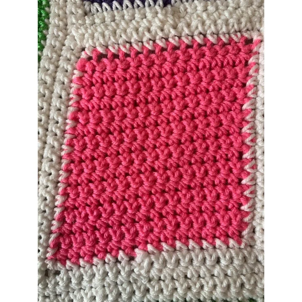 Handmade Vintage Bright Multicolor Crochet Squares Afghan‎ Blanket  48